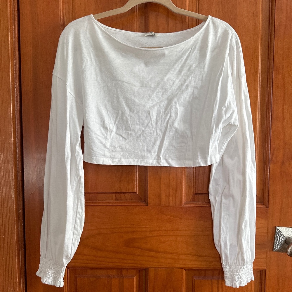 Worn once. Wilfred by Aritzia, White long sleeve, cropped round neck top.